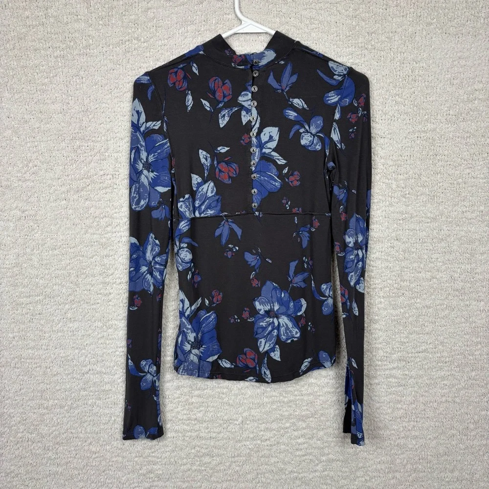Free People Top‎ Womens Small Chocolate Printed Black Floral Long Sleeve Stretch
